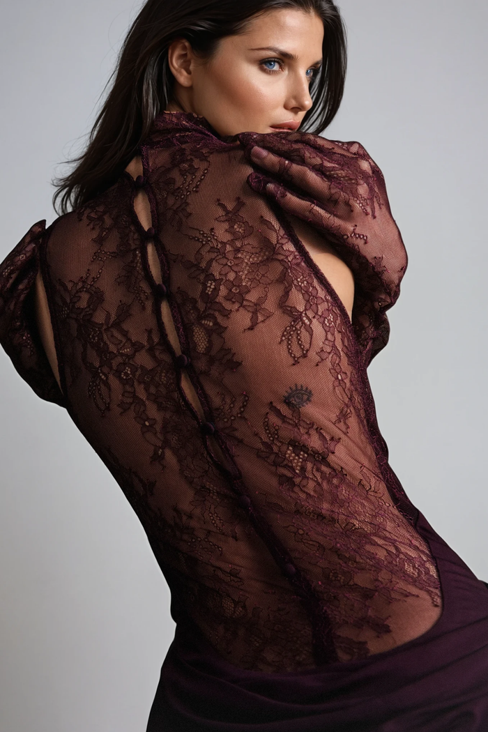 Darleen Cowl Neck Ruch Lace Maxi Dress In Purple
