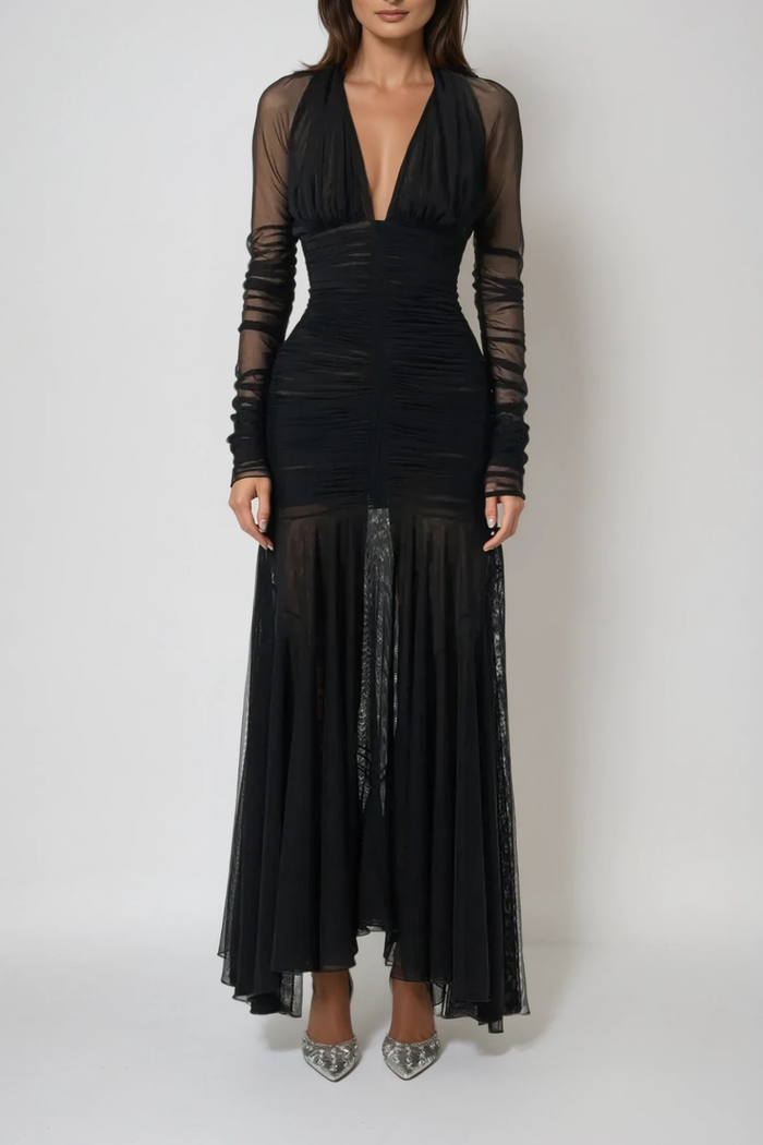 dejana-plunge-ruch-mesh-maxi-dress