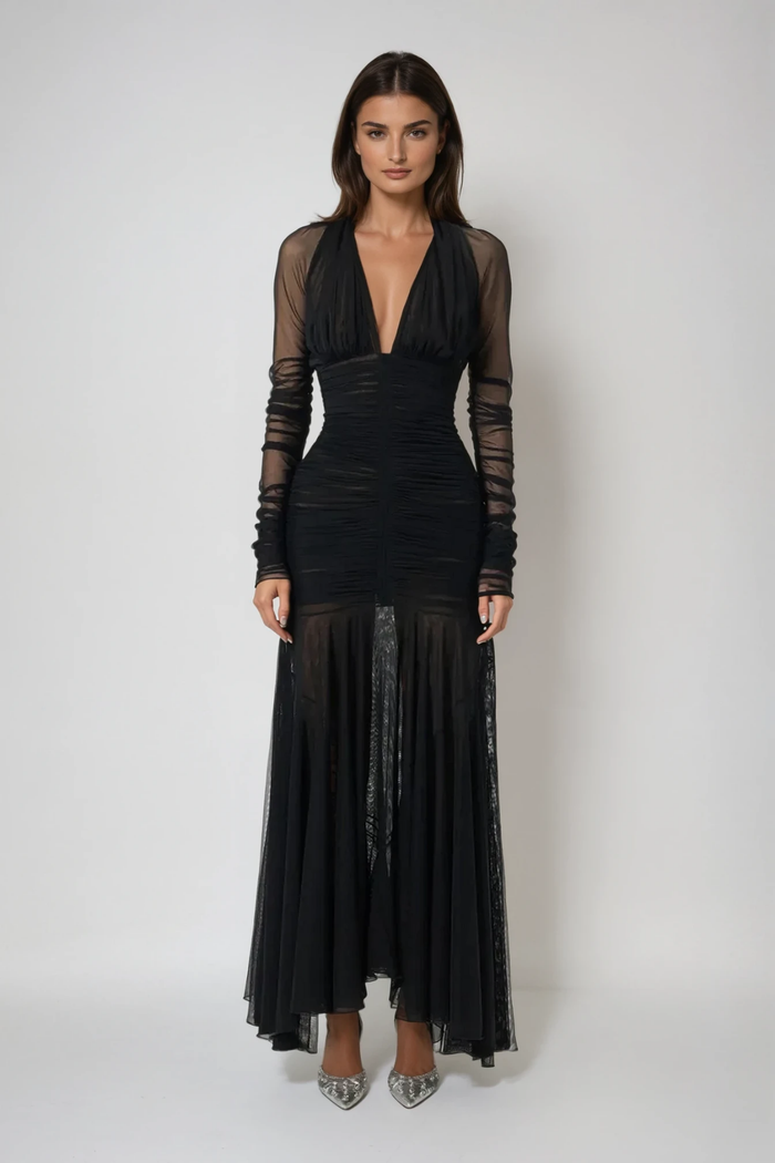dejana-plunge-ruch-mesh-maxi-dress