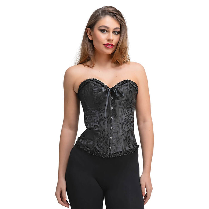 Woman wearing a black corset with satin and lace detailing for fancy dress costume and role play