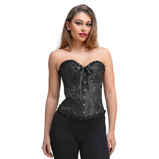 Woman wearing a black corset with satin and lace detailing for fancy dress costume and role play