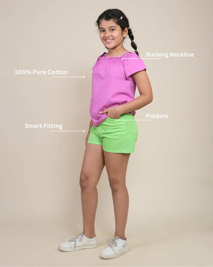 Denim Shorts and Top for Girls - Green Magenta