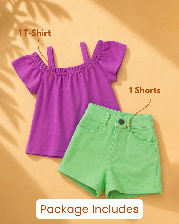 Denim Shorts and Top for Girls - Green Magenta