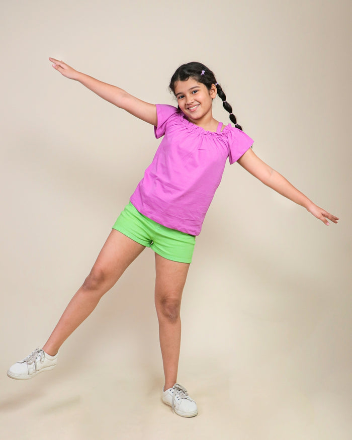 Denim Shorts and Top for Girls - Green Magenta
