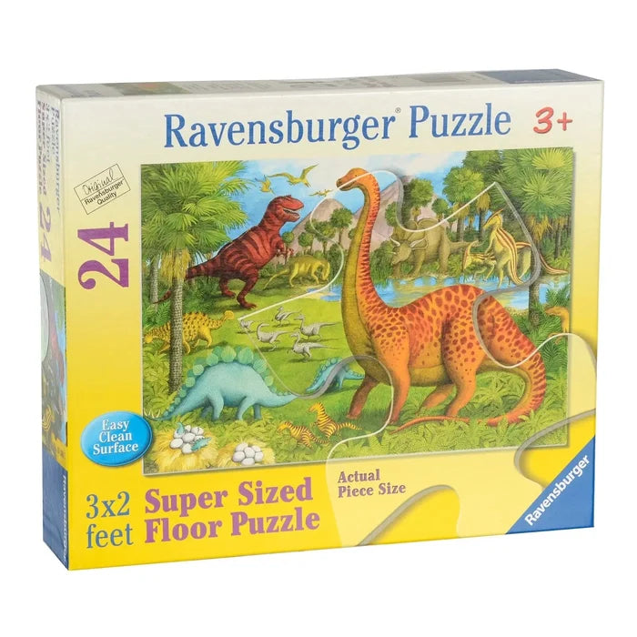 Ravensburger dinosaur puzzle box with colorful illustrations of dinosaurs on a white background