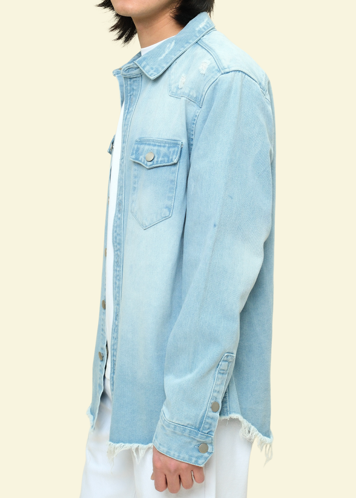 Distressed Denim Button Up Shirt Jacket Victorious