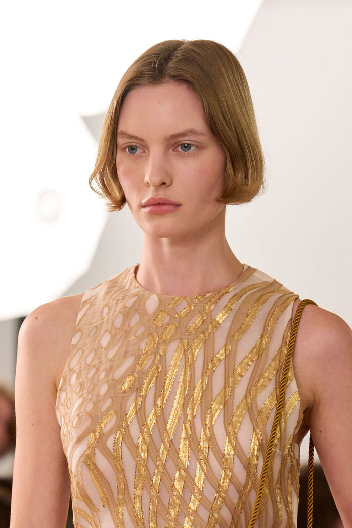 Gold Lurex Organza Sleeveless Top - SS26 Runway Close-Up, Designer Gold Backless Top | Ulla Johnson