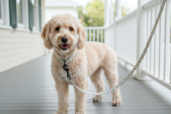 Wag + Tail Sweet Scoops dog leash showing ice cream-themed pattern flat lay