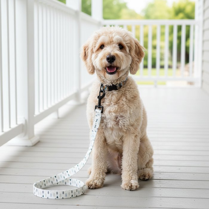 Wag + Tail Frosted Pines dog leash showing pine and winter-inspired pattern