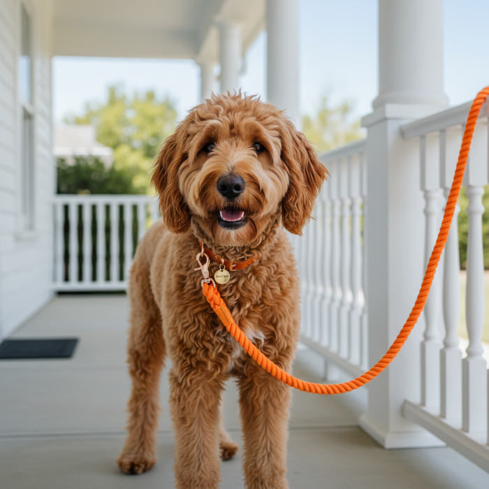 Wag + Tail orange rope dog leash flat lay showing rope texture and metal clip hardware