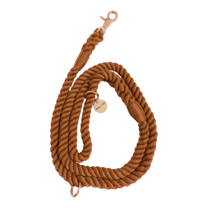 Wag + Tail brown rope dog leash alternate view showing full length and grip construction