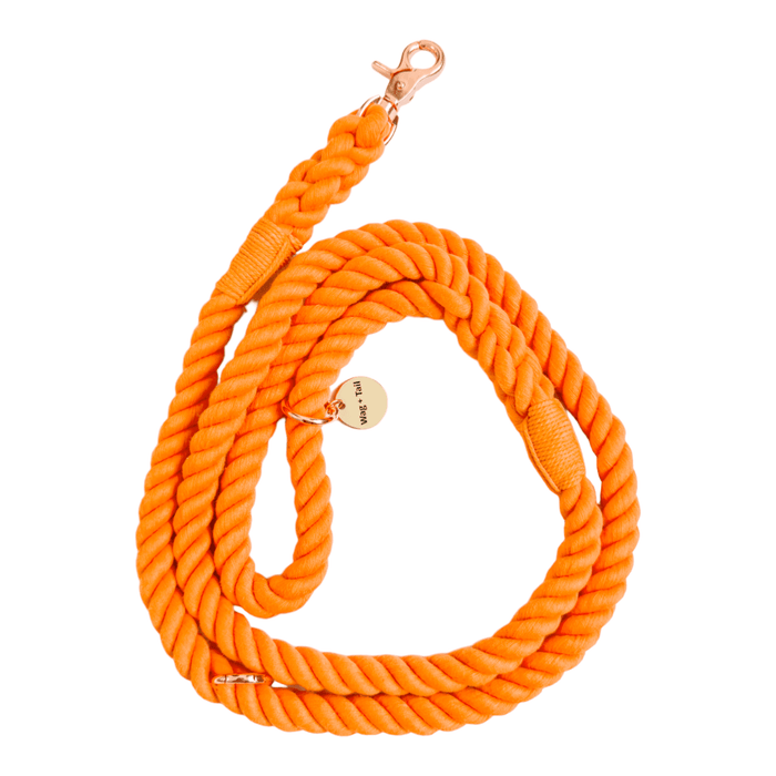 Wag + Tail orange rope dog leash alternate view showing grip section and clip detail