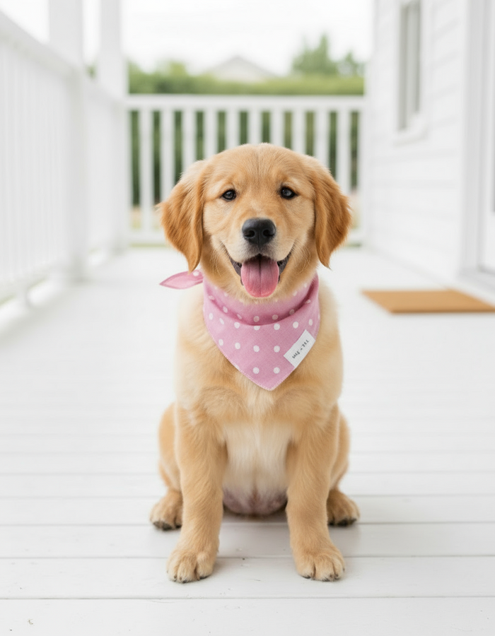 Wag + Tail Pink Bubble dog scarf showing pink bubble pattern tie-on scarf flat lay