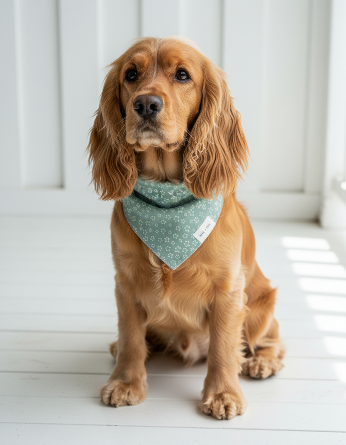 Wag + Tail Sage Garden dog scarf showing sage green garden print tie-on bandana
