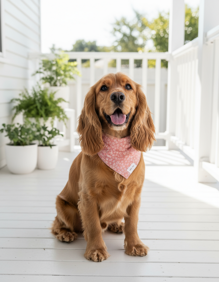 Wag + Tail Rose Garden dog scarf showing floral rose print tie-on scarf flat lay