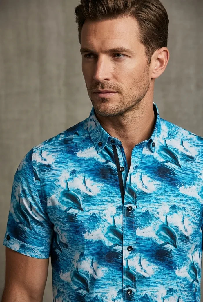 Dolphin Sea Wave Print Short Sleeve Shirt
