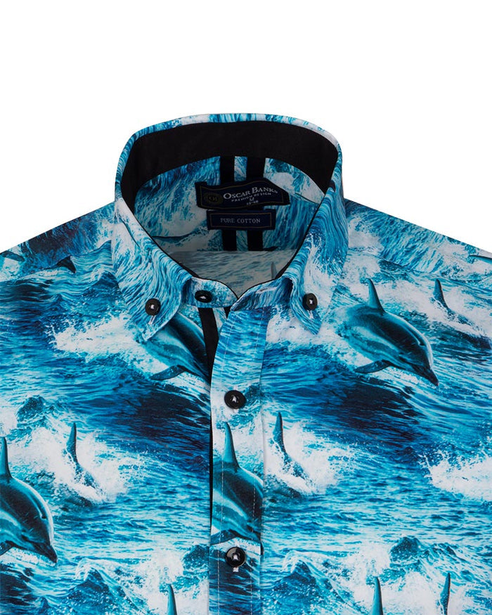 Dolphin Sea Wave Print Short Sleeve Shirt-Makrom