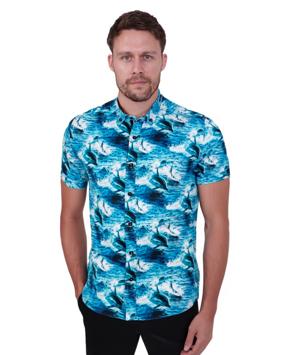 Dolphin Sea Wave Print Short Sleeve Shirt-Makrom