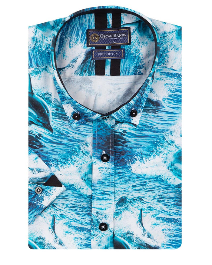 Dolphin Sea Wave Print Short Sleeve Shirt-Makrom