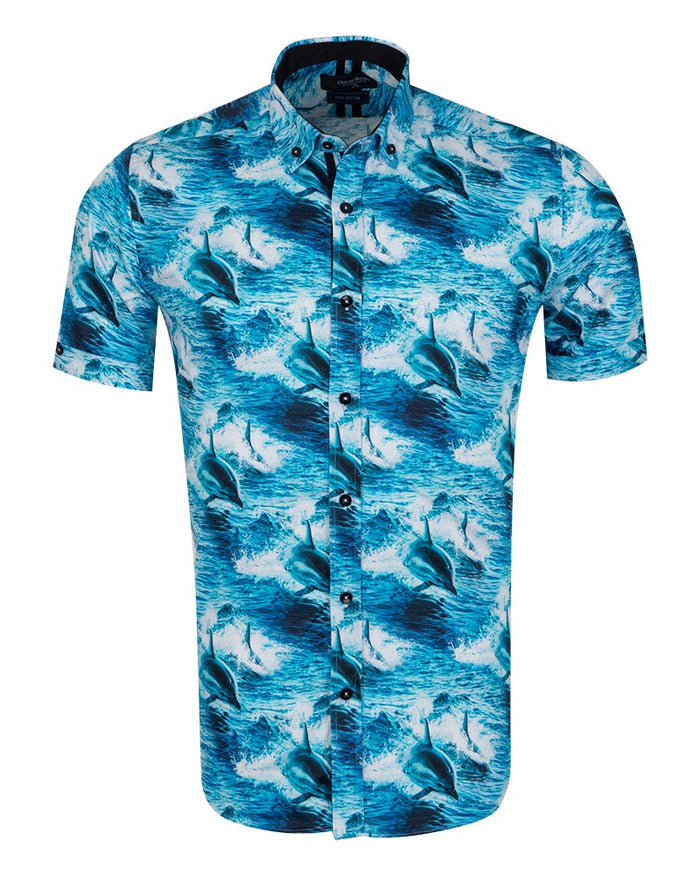 Dolphin Sea Wave Print Short Sleeve Shirt-Makrom