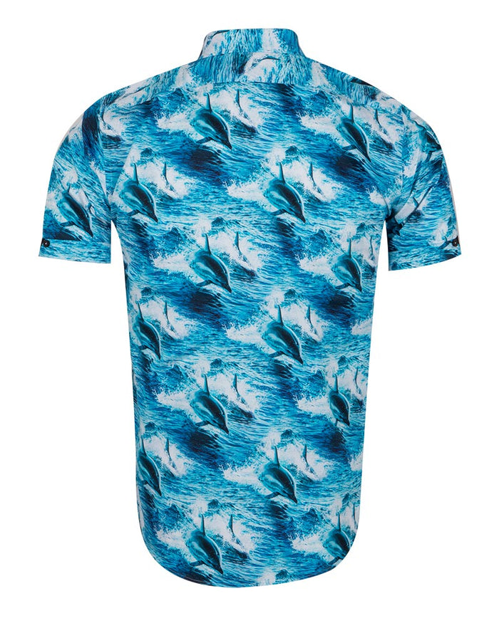 Dolphin Sea Wave Print Short Sleeve Shirt-Makrom
