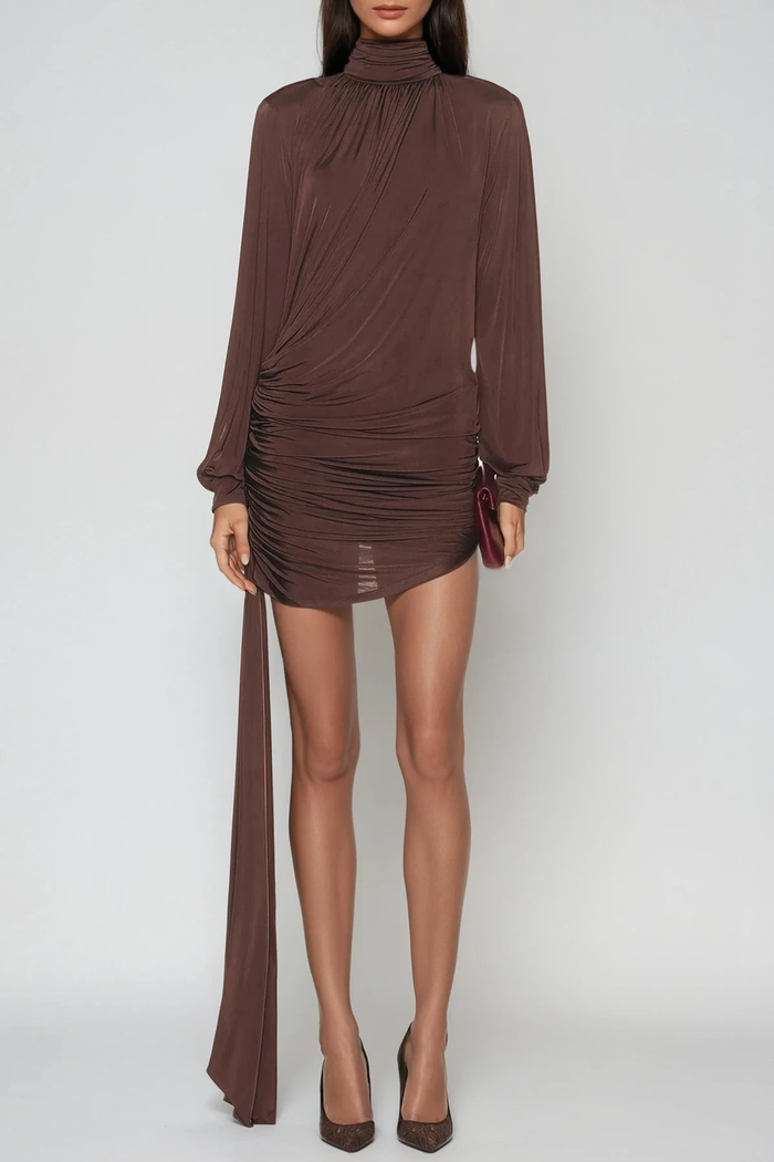 domenica-high-neck-ruch-fringe-mini-dress