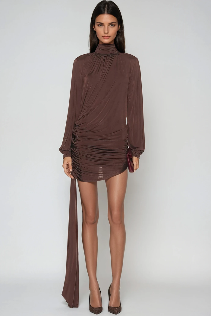 domenica-high-neck-ruch-fringe-mini-dress