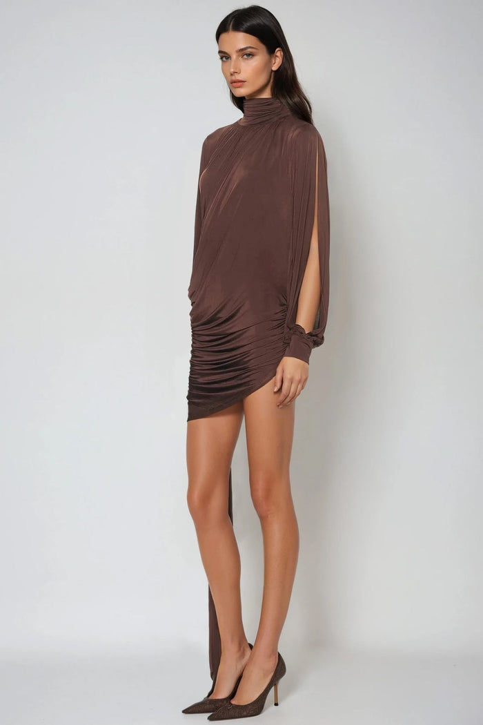 domenica-high-neck-ruch-fringe-mini-dress