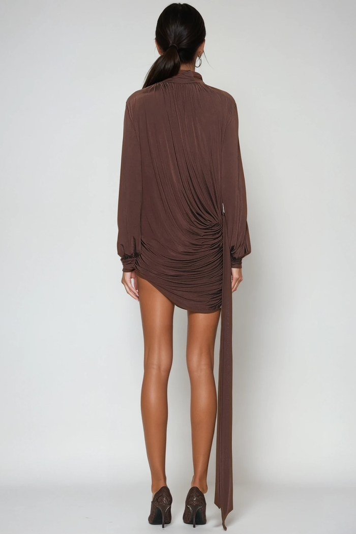 domenica-high-neck-ruch-fringe-mini-dress