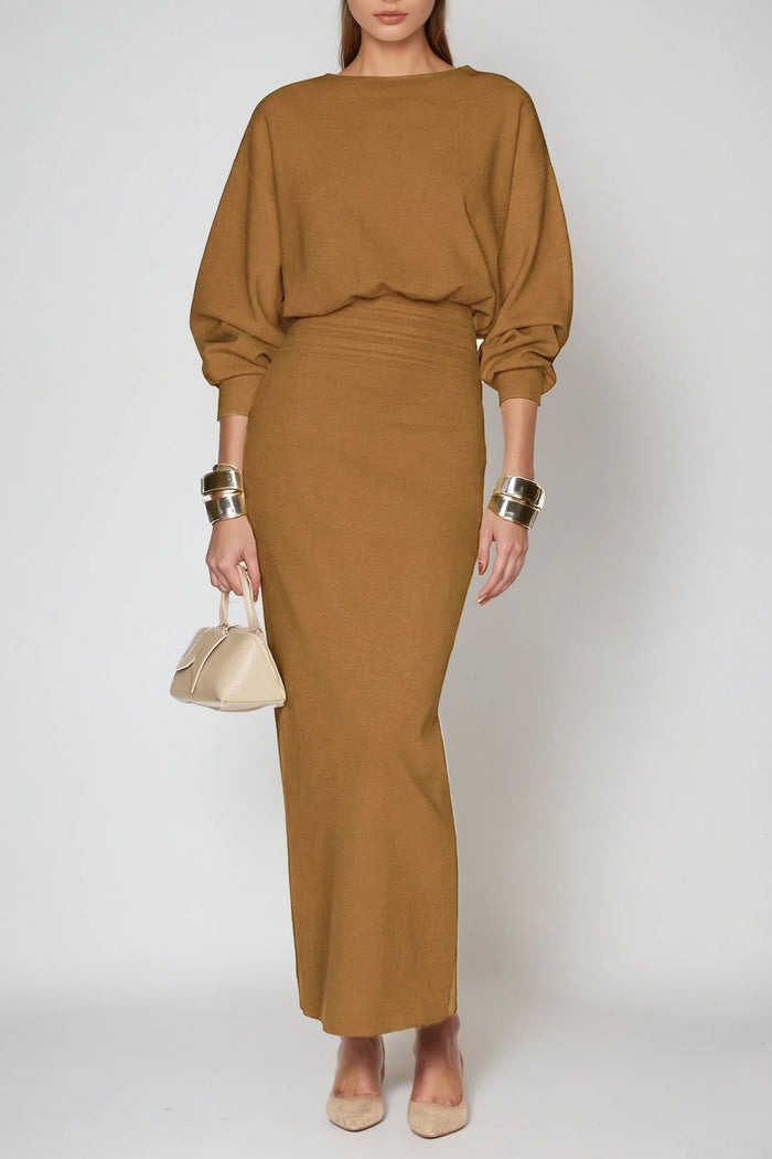 Dominic Balloon Sleeve Bodycon Maxi Dress In Khaki