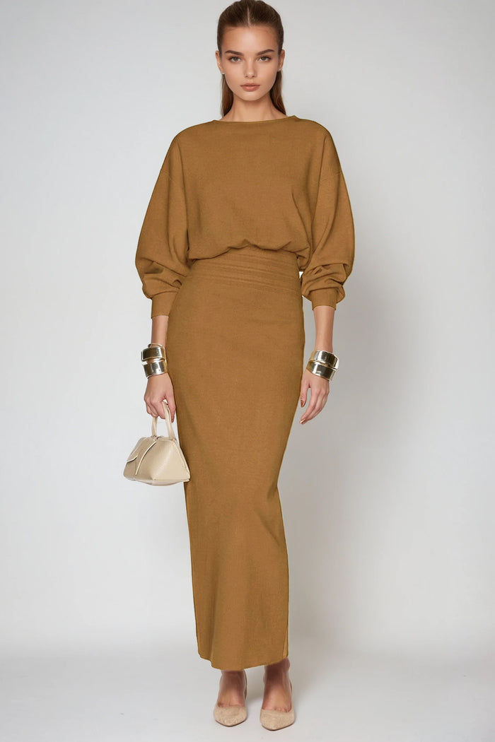 Dominic Balloon Sleeve Bodycon Maxi Dress In Khaki