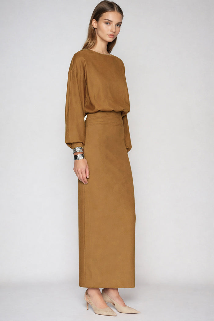Dominic Balloon Sleeve Bodycon Maxi Dress In Khaki