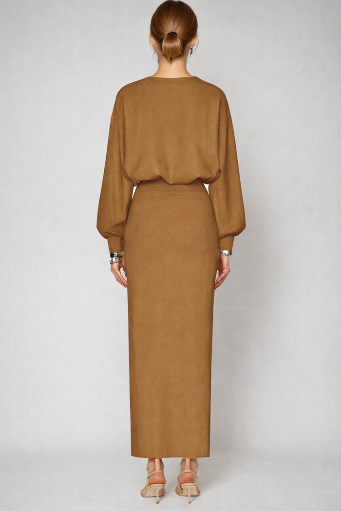 Dominic Balloon Sleeve Bodycon Maxi Dress In Khaki