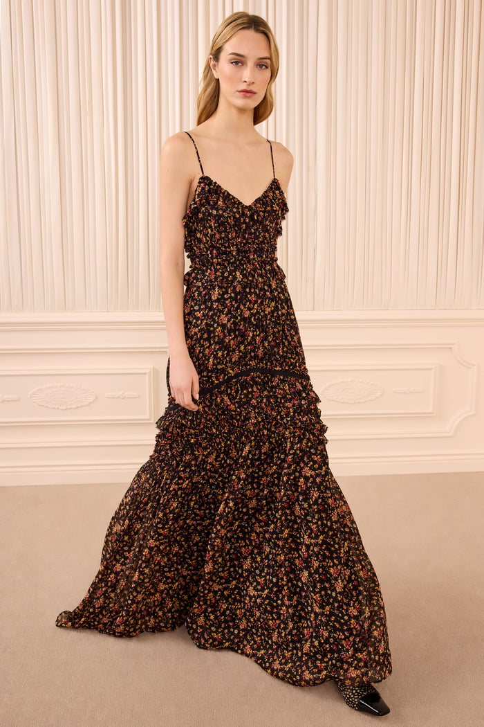 Dorothea Sleeveless Silk Gown - Noir Mille Fleur