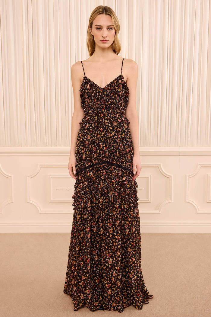 Dorothea Sleeveless Silk Gown - Noir Mille Fleur