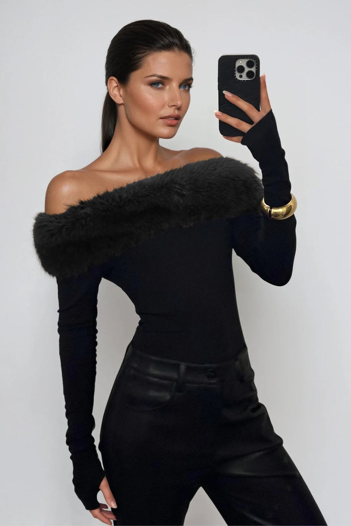drew-off-shoulder-faux-fur-top-in-black