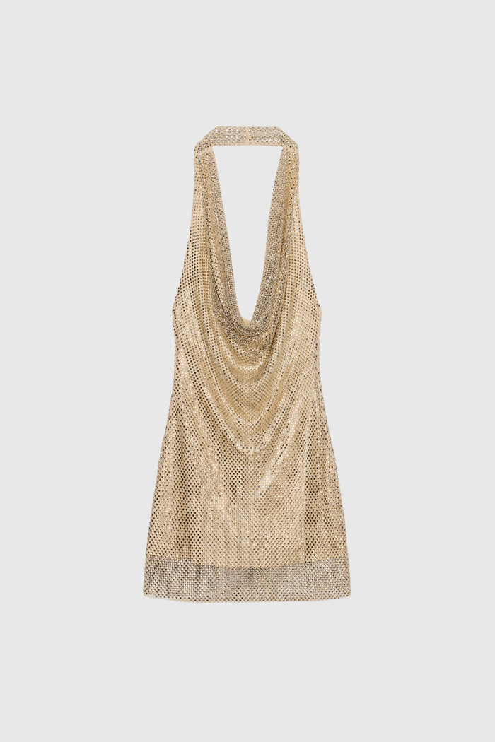 Dzenita Cowl Neck Rhinestone Mesh Mini Dress