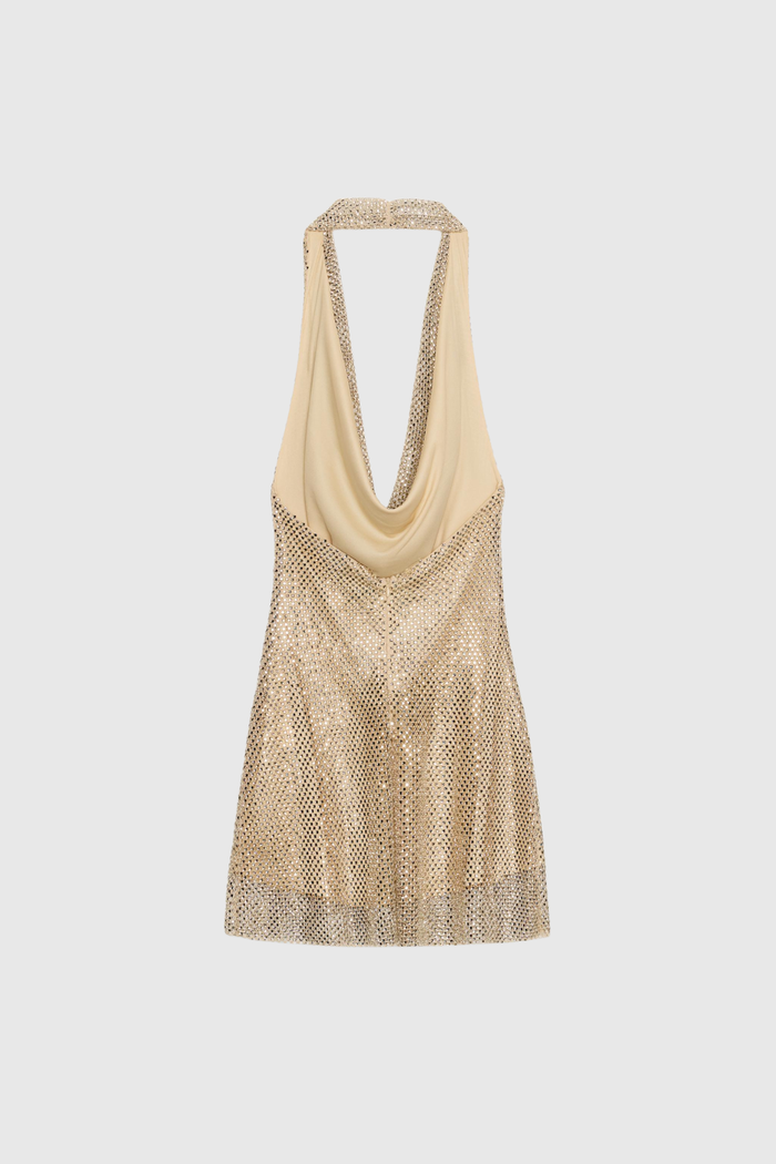 Dzenita Cowl Neck Rhinestone Mesh Mini Dress