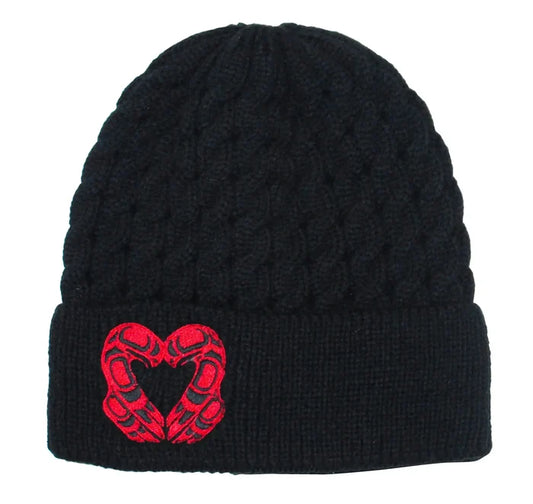 Eagle Heart Embroidered Knitted Hat featuring a braided knit and symbolic eagle crest design by Roy Henry Vickers.