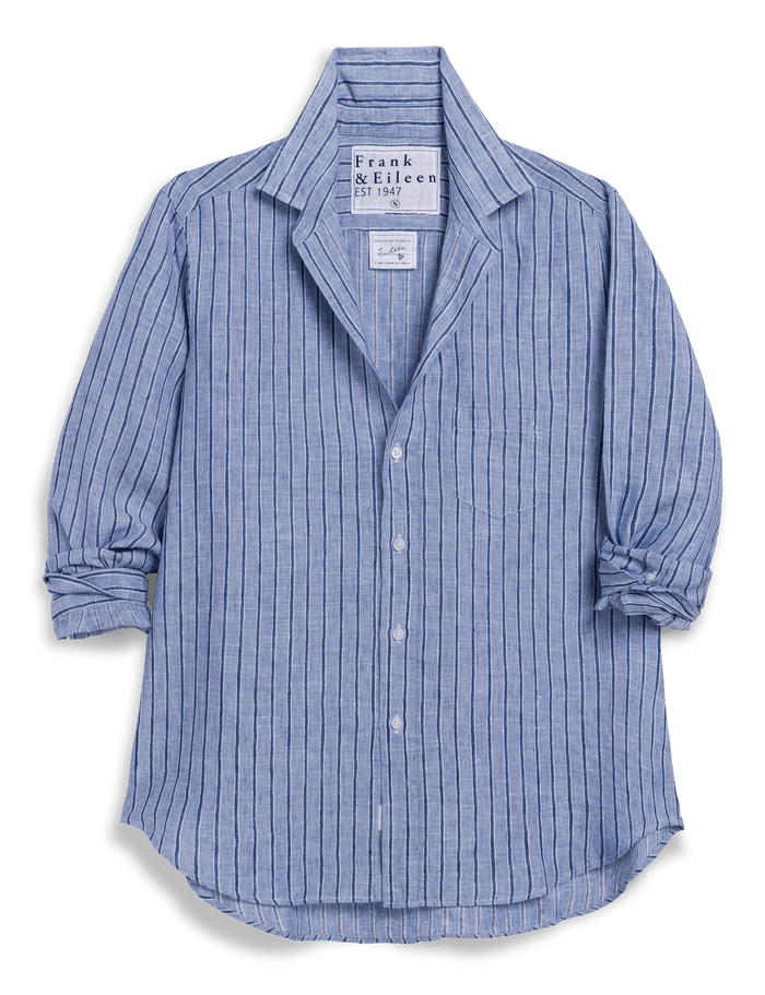Blue striped shirt with brand label on a transparent background