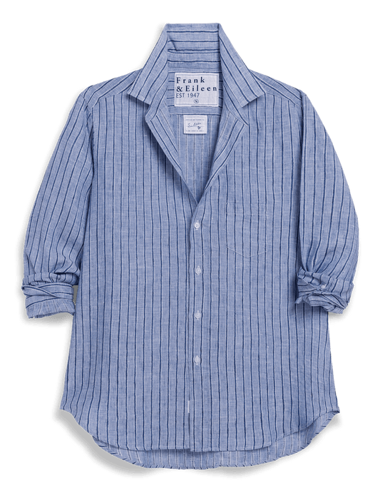 Blue striped shirt with brand label on a transparent background
