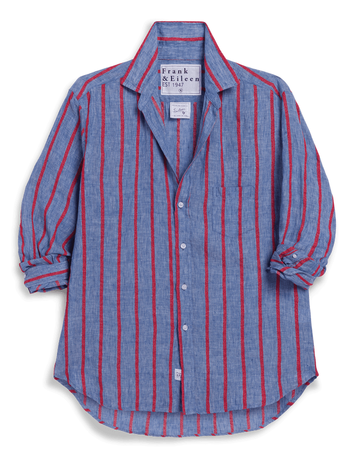 Blue and red striped shirt with a brand label on a transparent background