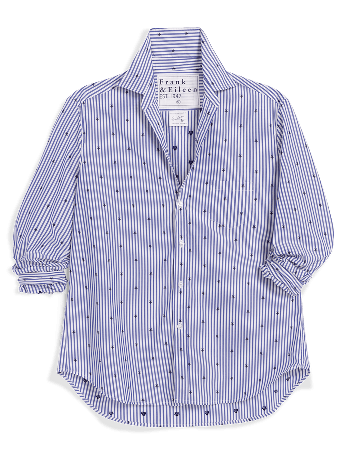 Blue and white striped shirt with a brand label on a black background