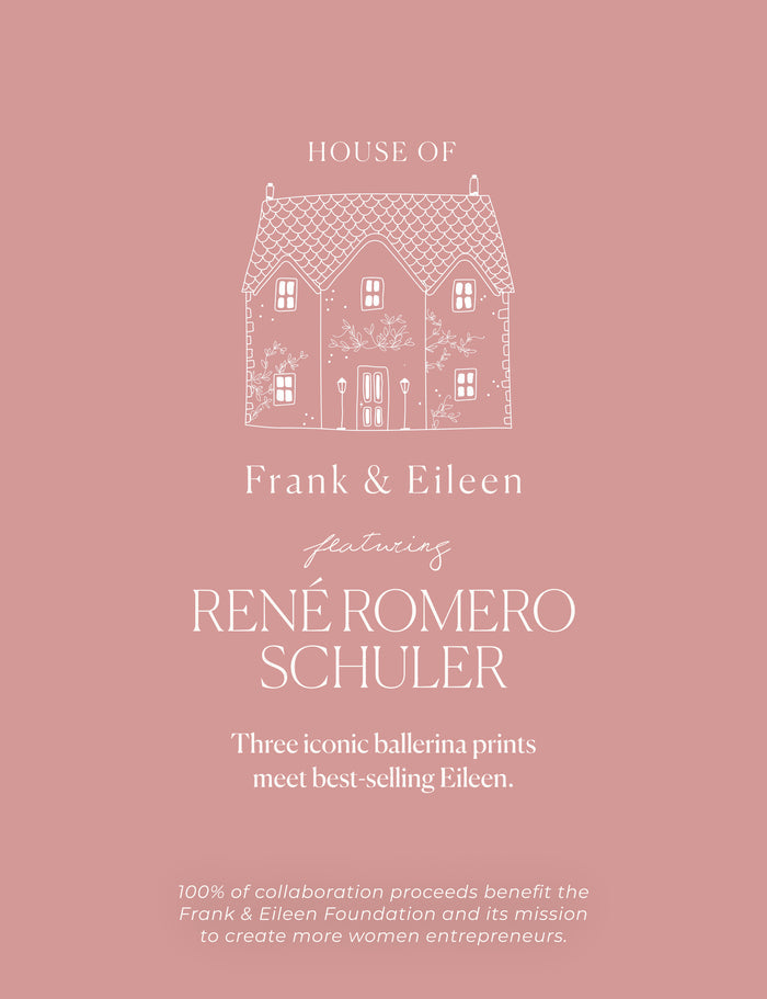 Advertisement for 'House of Frank & Eileen' featuring René Romero Schuler on a pink background.