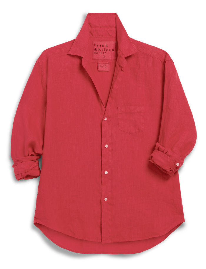 Red button-up shirt with rolled-up sleeves on a white background