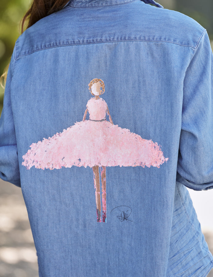 Blue denim shirt with a pink ballerina design on the back