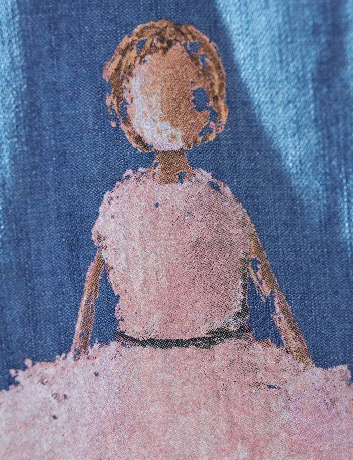Illustration of a person wearing a pink dress on a blue textured background
