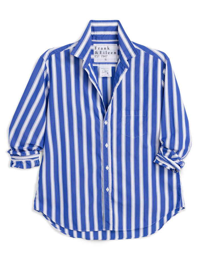 Blue and white striped shirt with brand label on a white background