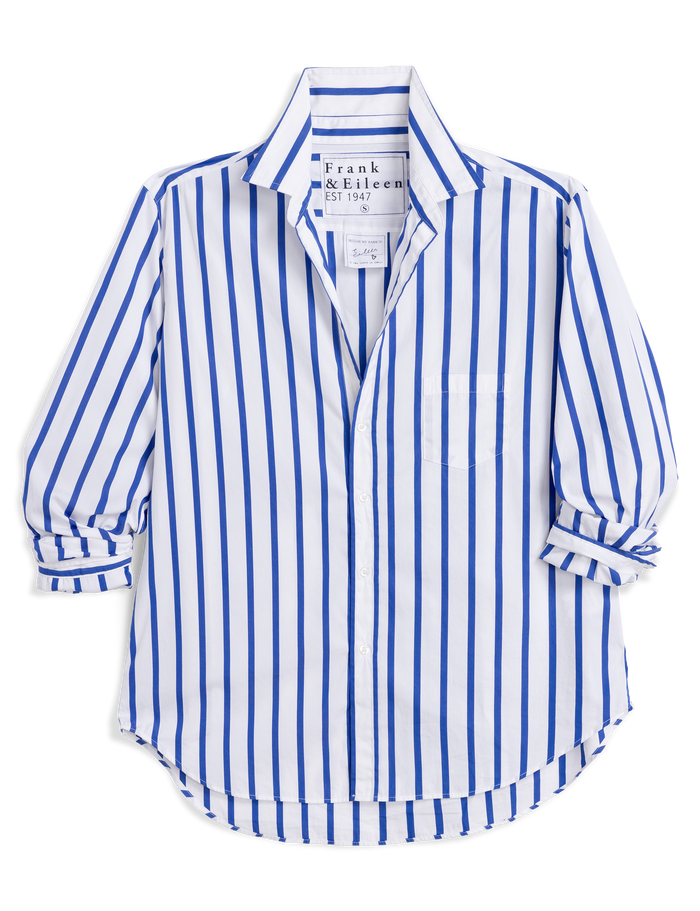 Blue and white striped shirt with brand label on a white background