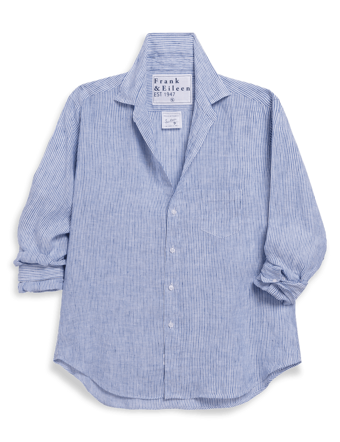 Blue striped shirt with a brand label on a transparent background